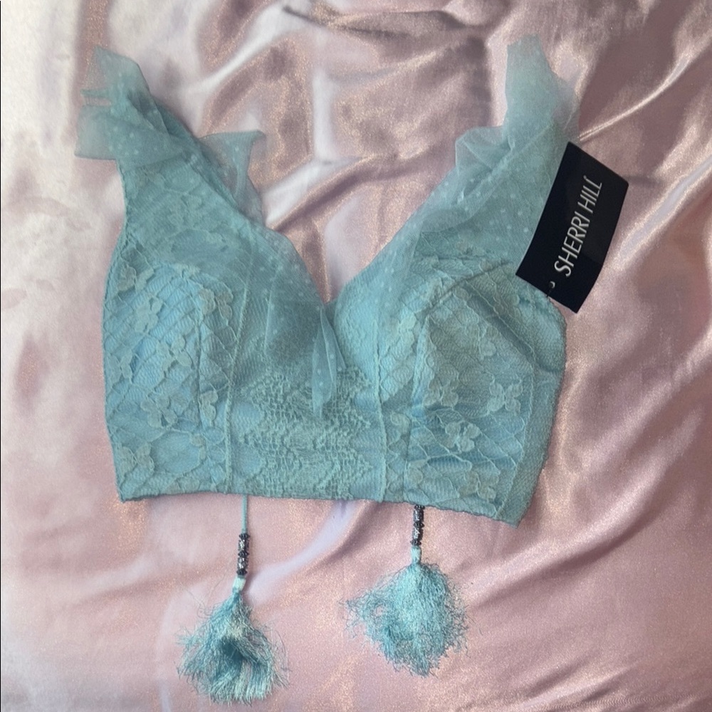 Sherri Hill Green and Blue Embellished Bustier Crop Top 52472